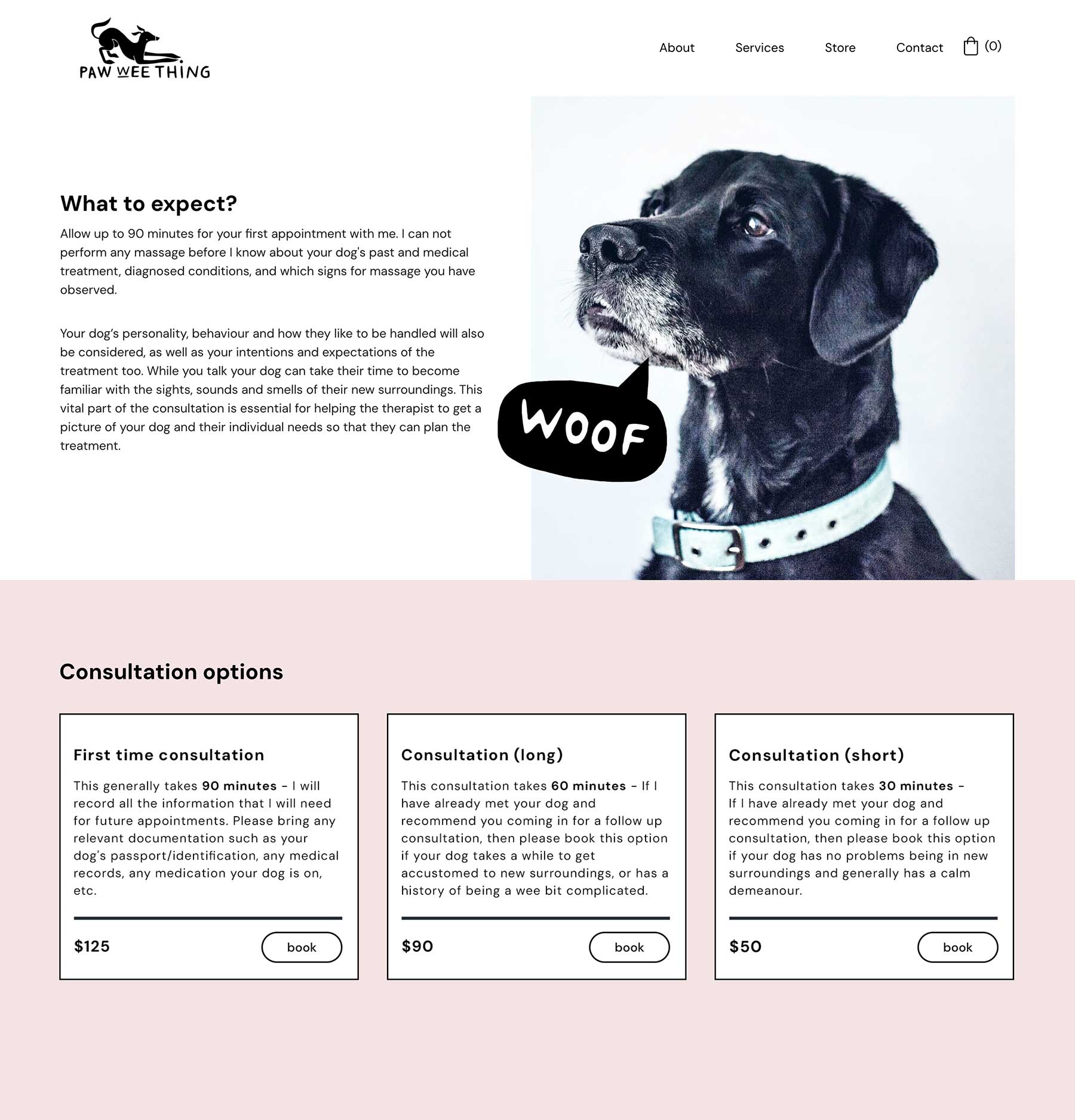 Webpage describing what to expect during a visit to the canine massage therapist. On the right, there's a photo of a dog with a speech bubble saying 'woof.' Below, three selectable scenarios offer different visit options.